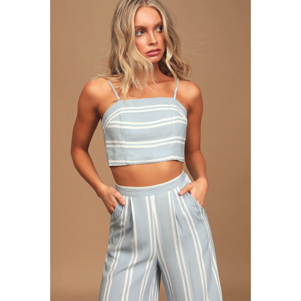 Lulus Coastal Living Light Blue And White Striped Two-piece Jumpsuit - Size XS